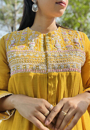 Hand Embroidered Chanderi Silk Pakistani Suit in Mustard