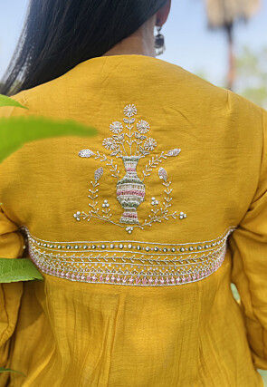 Hand Embroidered Chanderi Silk Pakistani Suit in Mustard