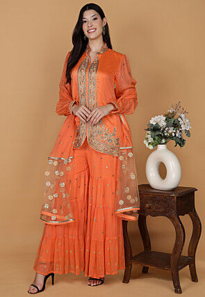 Hand Embroidered Chanderi Silk Pakistani Suit in Orange