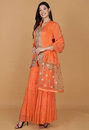Hand Embroidered Chanderi Silk Pakistani Suit in Orange