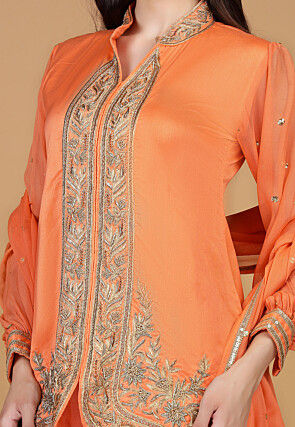 Hand Embroidered Chanderi Silk Pakistani Suit in Orange