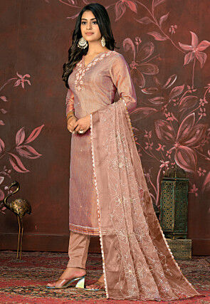 Hand Embroidered Chanderi Silk Pakistani Suit in Peach