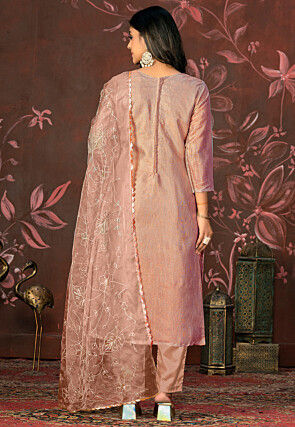 Hand Embroidered Chanderi Silk Pakistani Suit in Peach