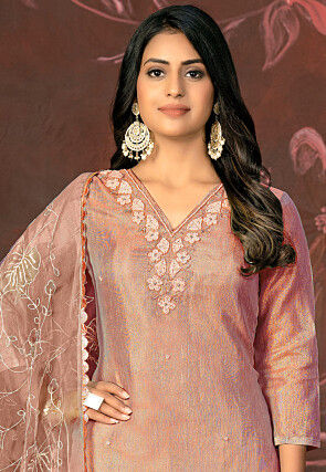 Hand Embroidered Chanderi Silk Pakistani Suit in Peach