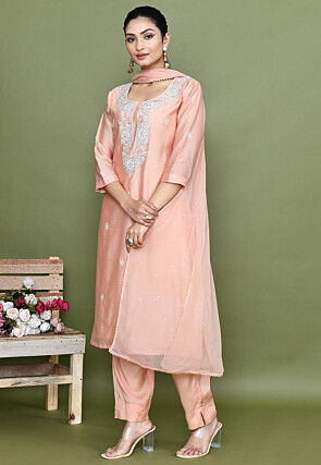 Hand Embroidered Chanderi Silk Pakistani Suit in Peach