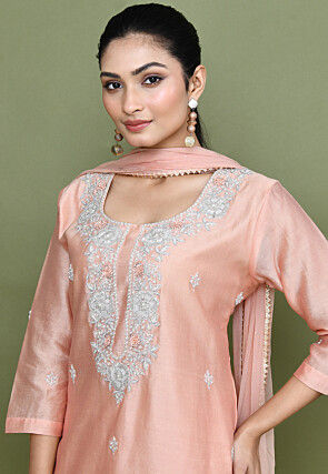 Hand Embroidered Chanderi Silk Pakistani Suit in Peach