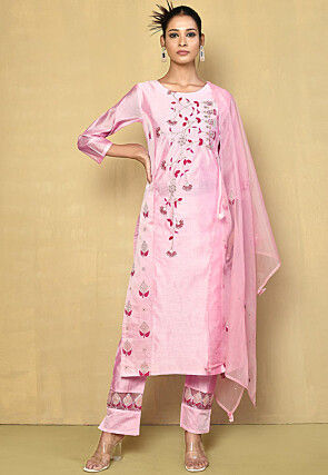 Buy Pink Embroidered Chanderi Cotton Churidar Salwar Kameez : 99394 - New  Arrivals
