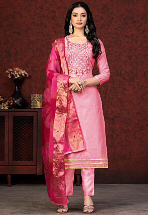Hand Embroidered Chanderi Silk Pakistani Suit in Pink