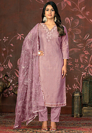 Hand Embroidered Chanderi Silk Pakistani Suit in Purple