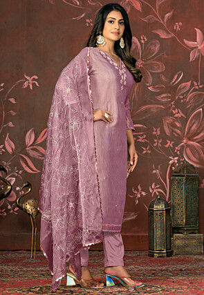 Hand Embroidered Chanderi Silk Pakistani Suit in Purple