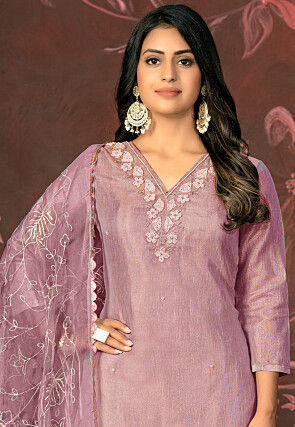 Hand Embroidered Chanderi Silk Pakistani Suit in Purple