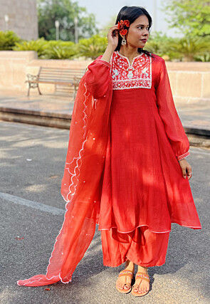 Hand Embroidered Chanderi Silk Pakistani Suit in Red