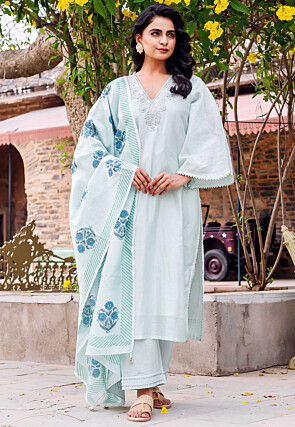 Hand Embroidered Chanderi Silk Pakistani Suit in Sea Green