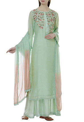 Hand Embroidered Chanderi Silk Pakistani Suit in Sea Green