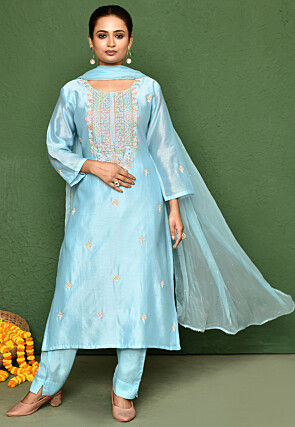 Hand Embroidered Chanderi Silk Pakistani Suit in Sky Blue