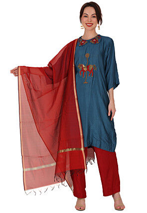 Hand Embroidered Chanderi Silk Pakistani Suit in Teal Blue