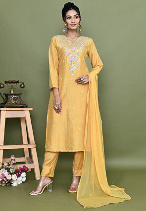 Hand Embroidered Chanderi Silk Pakistani Suit in Yellow
