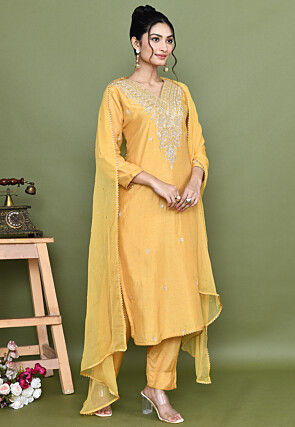 Hand Embroidered Chanderi Silk Pakistani Suit in Yellow
