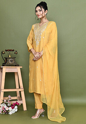 Hand Embroidered Chanderi Silk Pakistani Suit in Yellow