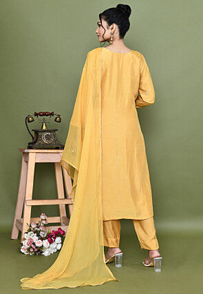 Hand Embroidered Chanderi Silk Pakistani Suit in Yellow