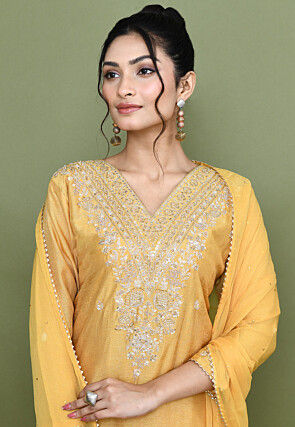 Hand Embroidered Chanderi Silk Pakistani Suit in Yellow