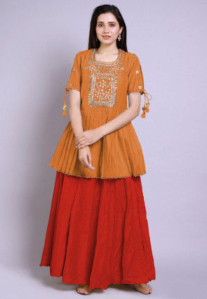 Hand Embroidered Chanderi Silk Peplum Style Kurti Set in Orange