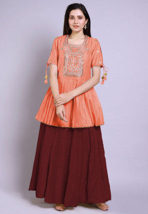 Hand Embroidered Chanderi Silk Peplum Style Kurti in Peach