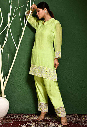 Hand Embroidered Chanderi Silk Straight Kurti Set in Green