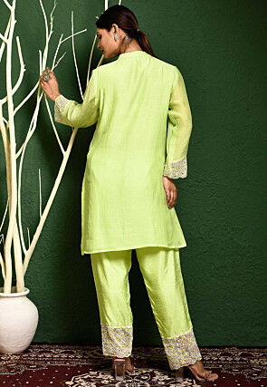 Hand Embroidered Chanderi Silk Straight Kurti Set in Green
