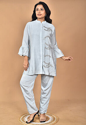 Hand Embroidered Chanderi Silk Tunic Set in Light Grey