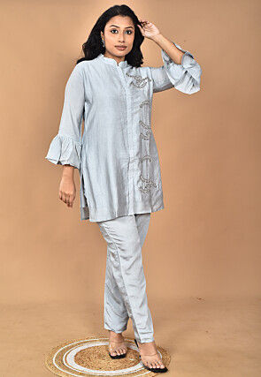 Hand Embroidered Chanderi Silk Tunic Set in Light Grey