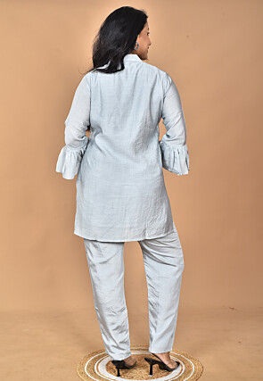 Hand Embroidered Chanderi Silk Tunic Set in Light Grey