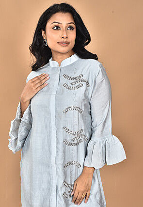 Hand Embroidered Chanderi Silk Tunic Set in Light Grey