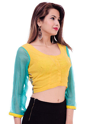 Hand Embroidered Chiffon Blouse in Yellow and Turquoise