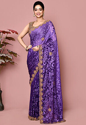 Hand Embroidered Chiffon Brasso Saree in Purple