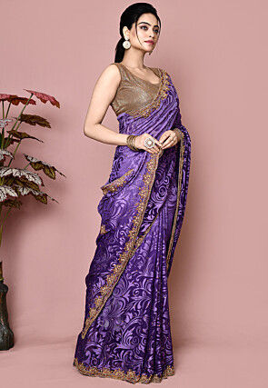 Hand Embroidered Chiffon Brasso Saree in Purple