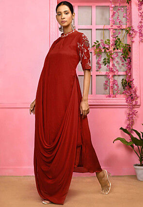 Hand Embroidered Chiffon Cowl Style Maxi Dress in Maroon