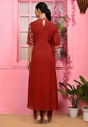 Hand Embroidered Chiffon Cowl Style Maxi Dress in Maroon