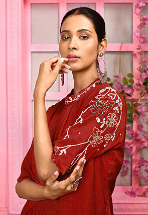 Hand Embroidered Chiffon Cowl Style Maxi Dress in Maroon