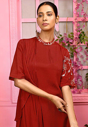 Hand Embroidered Chiffon Cowl Style Maxi Dress in Maroon