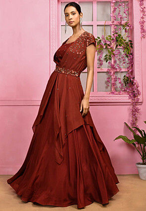 Hand Embroidered Chiffon Crop Top Set in Rust