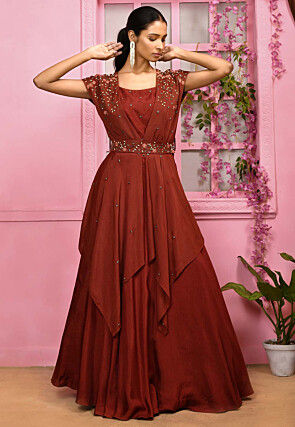 Hand Embroidered Chiffon Crop Top Set in Rust