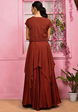 Hand Embroidered Chiffon Crop Top Set in Rust