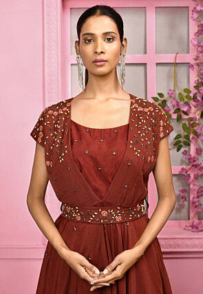 Hand Embroidered Chiffon Crop Top Set in Rust