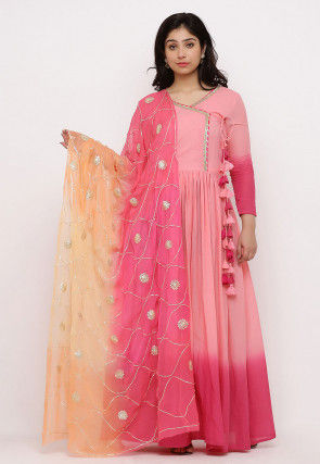 Hand Embroidered Chiffon Dupatta in Shaded Peach and Pink
