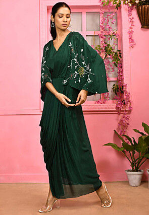 Hand Embroidered Chiffon Maxi Dress with Cape in Dark Green