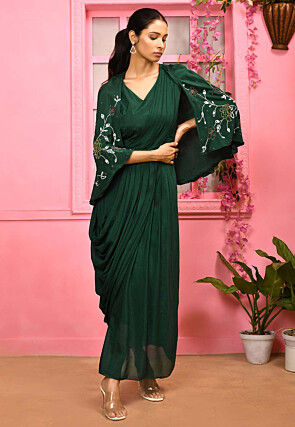 Hand Embroidered Chiffon Maxi Dress with Cape in Dark Green