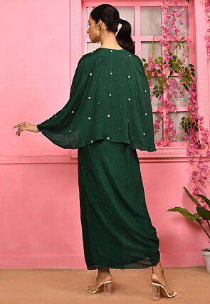 Hand Embroidered Chiffon Maxi Dress with Cape in Dark Green