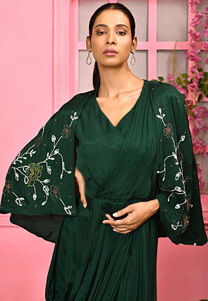 Hand Embroidered Chiffon Maxi Dress with Cape in Dark Green