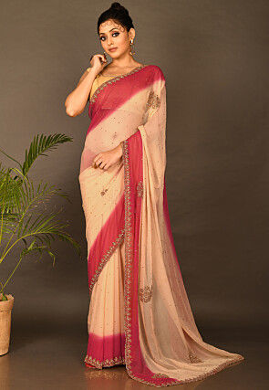 Hand Embroidered Chiffon Saree in Beige